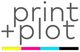 "Logo mit Text 'print + plot' und CMYK-Farbstreifen darunter in Gelb, Magenta, Cyan und Schwarz."
