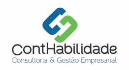 Logotipo da ContHabilidade com dois elos azuis e verdes e texto de consultoria empresarial.