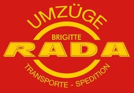 Rotes Logo mit gelbem Text: "Umzüge Brigitte Rada Transporte - Spedition."