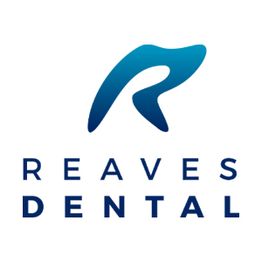 Logo of Reaves Dental with a stylized blue "R" resembling a tooth above the text.