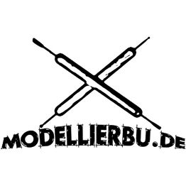 Logo mit zwei gekreuzten Modellierwerkzeugen und Text: "MODELLIERBU.DE" darunter.