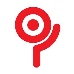 Logotipo vermelho estilizado com formas circulares e linha curva sobre fundo branco.