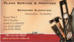 Visitenkarte von Plane Service & Montage mit Kontaktinformationen und Werkzeugabbildungen.
