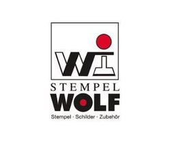 Logo von "Stempel Wolf" mit einem roten Punkt. Text: Stempel, Schilder, Zubehör.