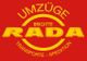 Rotes Logo mit gelbem Text: "Umzüge Brigitte Rada Transporte - Spedition."