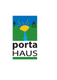 Logo mit Sonne, Fluss, Hügeln, Kreuz und Glocke. Text: "porta HAUS".