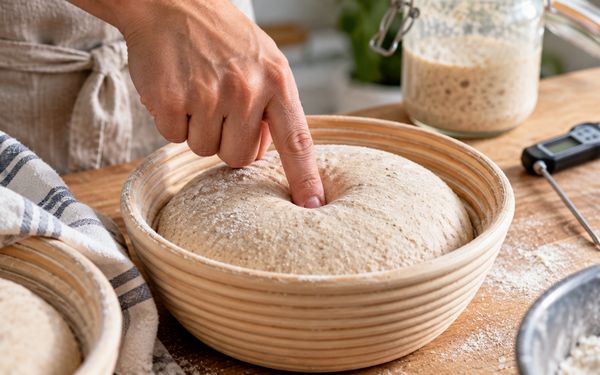 Nahaufnahme eines aufgegangenen Sauerteigs in einem Gärkörbchen, dessen Gärgrad durch leichten Fingerdruck überprüft wird, während ein Teigthermometer und ein Glas mit Anstellgut auf der Arbeitsfläche stehen.