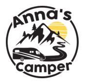 Logo mit Wohnmobil, Berg, Sonne und Text "Anna's Camper" darauf.