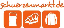 Logo: "schuerzenmarkt.de"; Icons von Schürze, Kochmütze und Kochjacke auf orangefarbenem Hintergrund.