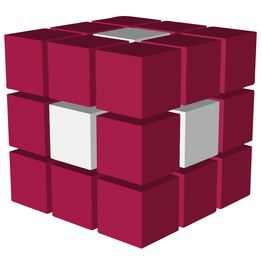Ein dunkelroter Würfel mit weißen, herausstehenden Quadraten an seinen Seiten.