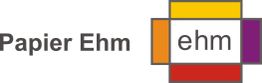 Logo von Papier Ehm mit buntem quadratischem Muster und Schriftzug "ehm".