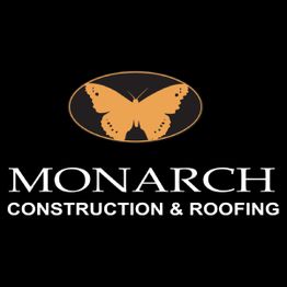 Butterfly logo for Monarch Construction & Roofing on a black background.