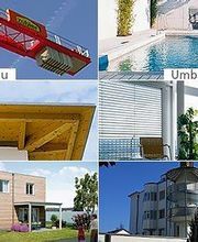 Baubereiche in 6 Bildern: Hochbau, Renovationen, Holzbau, Fenstertechnik, Bauplanung, Immobilien.