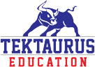 Logo of Tektaurus Education with a blue bull above the text.