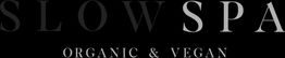 Texto en blanco: "SLOW SPA" y "ORGANIC & VEGAN" sobre fondo negro.