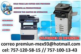 Impresoras modernas con texto promocional y contacto para soluciones de impresión.