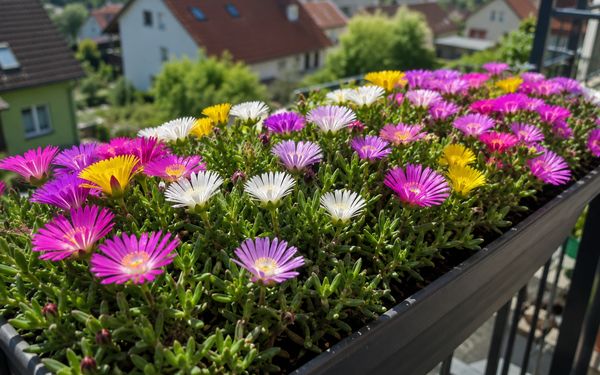 Ein bepflanzter Balkonblumenkasten mit Mittagsblume (Delosperma spp.).