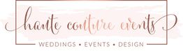 "Haute Couture Events logo with elegant script; Weddings, Events, Design text on pink background."