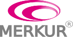 Logo mit pinkem Wirbel und "MERKUR" Schriftzug in Grau.