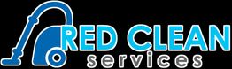 Logotipo de "RED CLEAN services" con un dibujo de aspiradora en azul. Fondo negro.