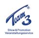 Logo von "Team 3" mit Schriftzug "Show & Promotion Veranstaltungsservice" in Blau.