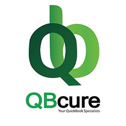 Logo with overlapping green letters "Qb" above the text "QBcure Your QuickBook Specialists."