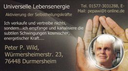 Visitenkarte mit Text über universelle Lebensenergie und Kontaktinformation zu Peter P. Wild.