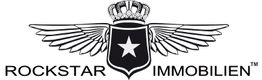 Logo von Rockstar Immobilien: Krone, Flügel und ein Stern auf einem Schild.