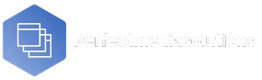 Het logo van Perfectmediasolutions met blauwe icoon van gelaagde vierkanten links.
