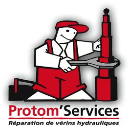 Ouvrier avec clé géante, logo Protom'Services en rouge et noir. Texte: Réparation de vérins hydrauliques.