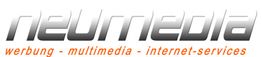 Logo mit Text: "neumedia - werbung - multimedia - internet-services", in Grau und Rot.