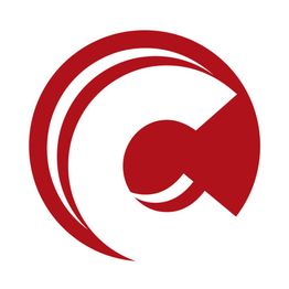 Logotipo rojo abstracto con formas curvas sobre fondo blanco.