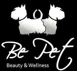 Logo con due sagome di cani bianchi e testo "Be Pet Beauty & Wellness" su sfondo nero.