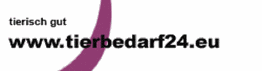 Logo mit Text: "tierisch gut www.tierbedarf24.eu", lila Bogen im Hintergrund.