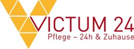 Gelbes Dreieck-Logo mit Schriftzug: "Victum 24, Pflege – 24h & Zuhause" in Rot.