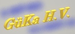 Gelber 3D-Schriftzug "GüKa H.V." auf grauem Hintergrund mit blauen Schatten.