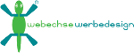 Grünes Gecko-Logo mit Text "webechse werbedesign" in Grün und Blau.