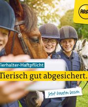 Kinder mit Helmen lächeln neben Pferden in die Kamera, Text: "Tierisch gut abgesichert."