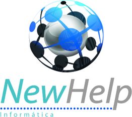 Logotipo da NewHelp Informática com uma esfera tecnológica azul e cinza acima do texto.