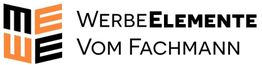 Logo: "MEWE" in Schwarz und Orange, Text "Werbeelemente vom Fachmann" daneben.