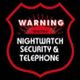 Warning sign for Nightwatch Security and Telephone in a red shield.