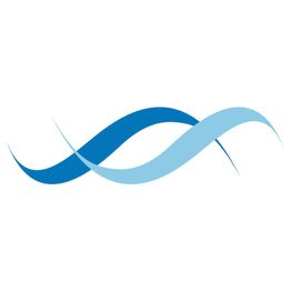 Stylized blue wave logo with two intersecting swooshes on a white background.