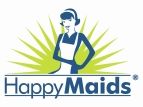 Logo von Happy Maids mit stilisierter Frau in Schürze und grünen Strahlen im Hintergrund.