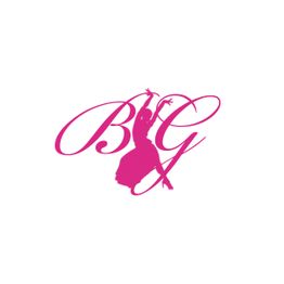 Rosa Silhouette einer Tänzerin mit kalligraphischen Buchstaben B und G im Hintergrund.