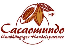 Cacaomundo-Logo mit Kakaobohne und Schriftzug "Unabhängiger Handelspartner".