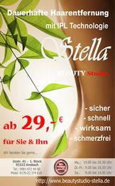 Werbung für dauerhafte Haarentfernung mit IPL bei Stella Beauty Studio, ab 29 Euro für Sie und Ihn.