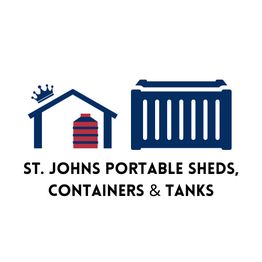 Icon of shed and container with text: St. Johns Portable Sheds, Containers & Tanks.
