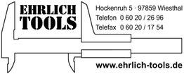 Zeichnung eines Messschiebers mit Kontaktinformationen von "Ehrlich Tools" und Webseite.