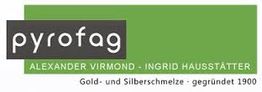 Logo der Firma Pyrofag mit grünem Hintergrund und Text über Gold- und Silberschmelze.