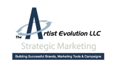 Logo for The Artist Evolution LLC, Strategic Marketing with a sleek "A" and tagline text.